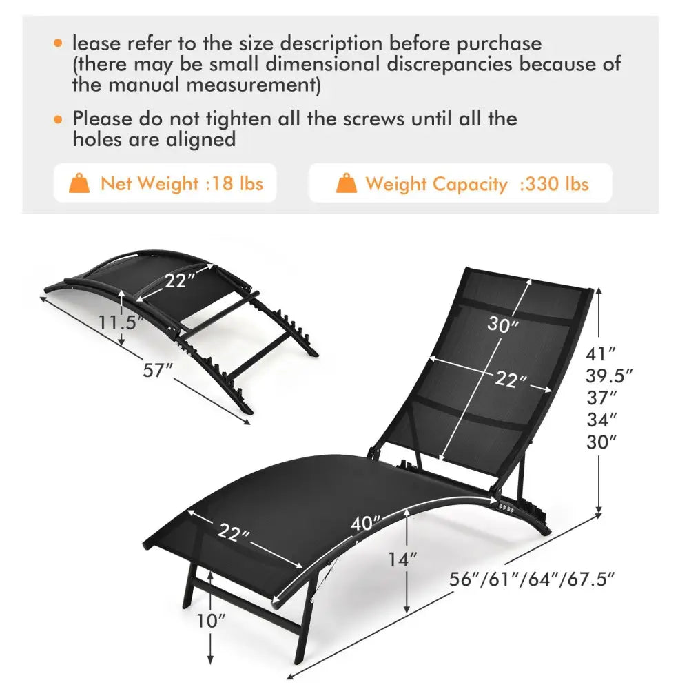 2 Pieces Patio Folding and Stackable Chaise Lounge Chair with 5-Position Adjustment-Black - Black - Outdoor Chaise