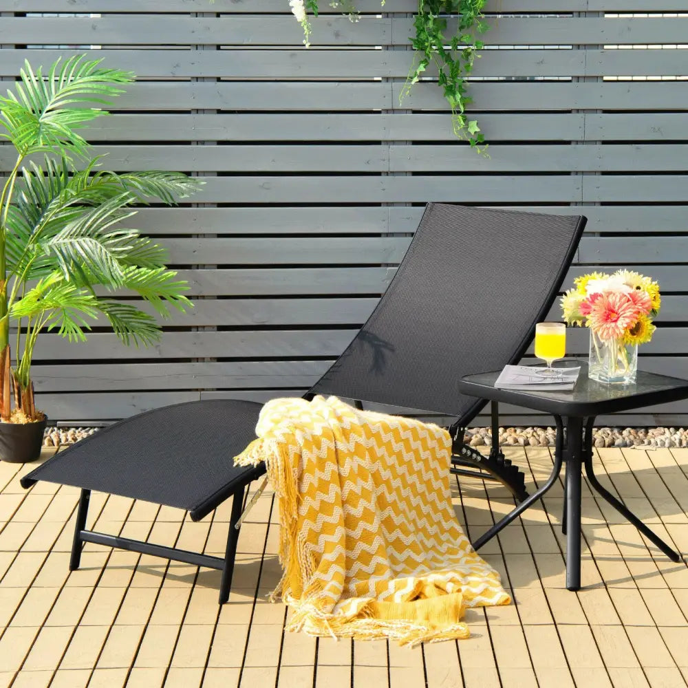 2 Pieces Patio Folding and Stackable Chaise Lounge Chair with 5-Position Adjustment-Black - Black - Outdoor Chaise