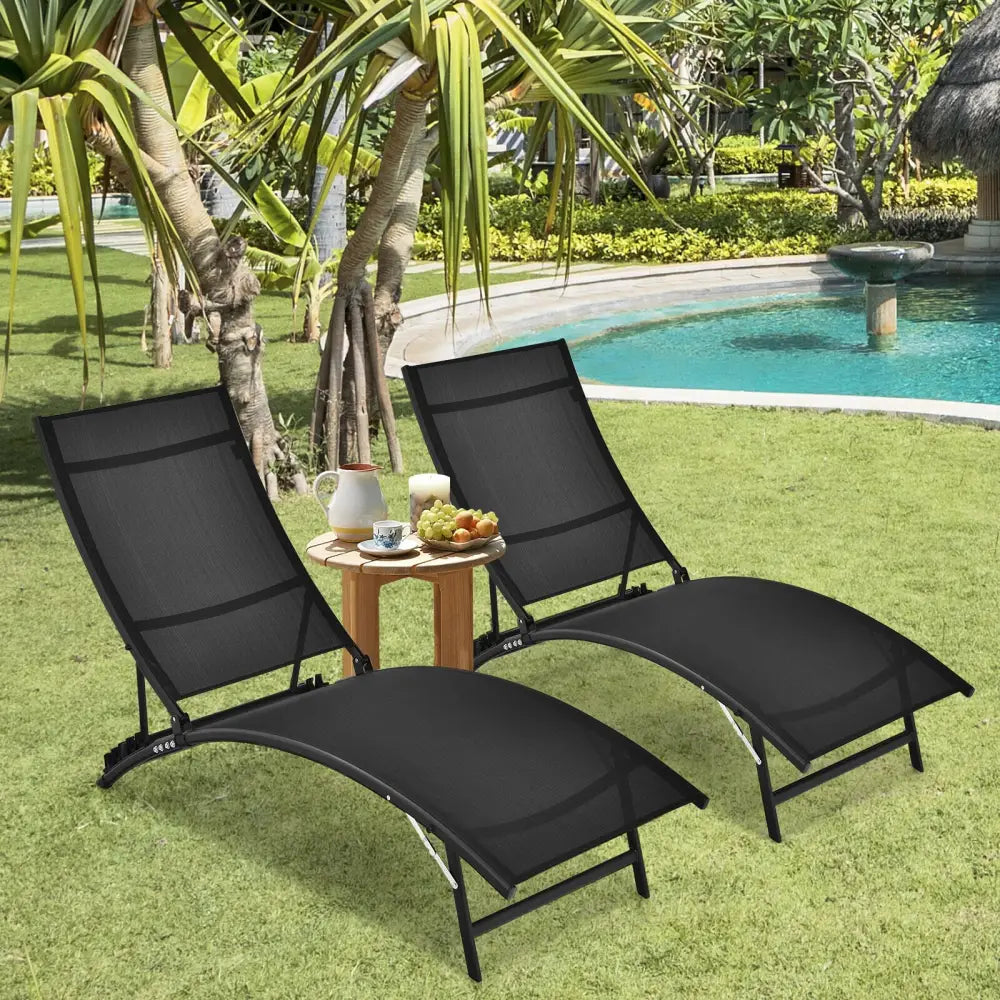 2 Pieces Patio Folding and Stackable Chaise Lounge Chair with 5-Position Adjustment-Black - Black - Outdoor Chaise