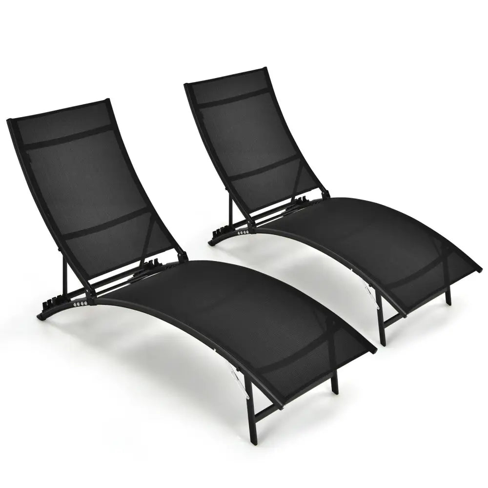 2 Pieces Patio Folding and Stackable Chaise Lounge Chair with 5-Position Adjustment-Black - Black - Outdoor Chaise