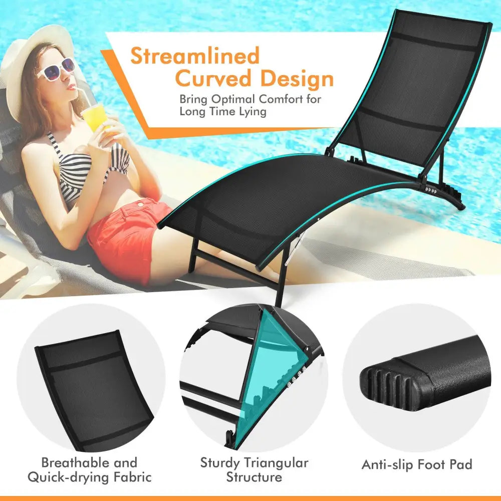 2 Pieces Patio Folding and Stackable Chaise Lounge Chair with 5-Position Adjustment-Black - Black - Outdoor Chaise
