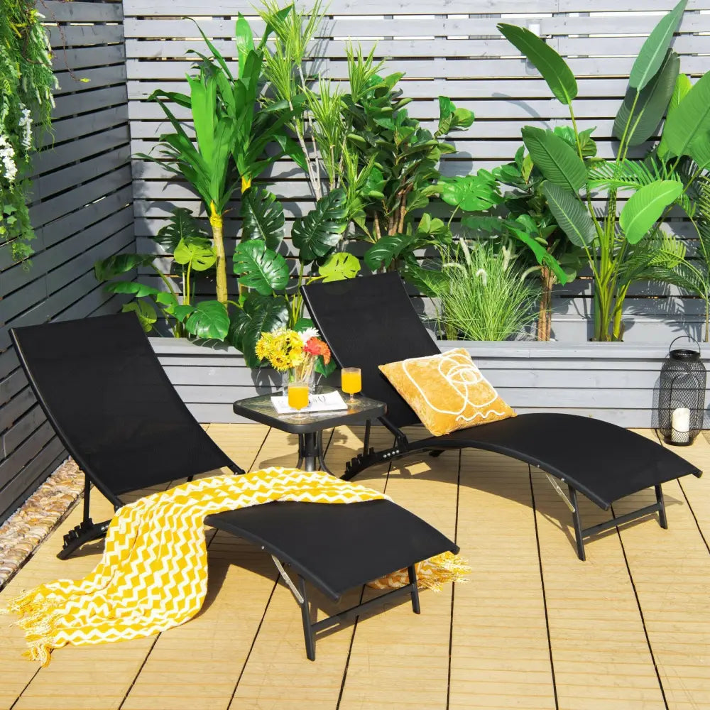 2 Pieces Patio Folding and Stackable Chaise Lounge Chair with 5-Position Adjustment-Black - Black - Outdoor Chaise