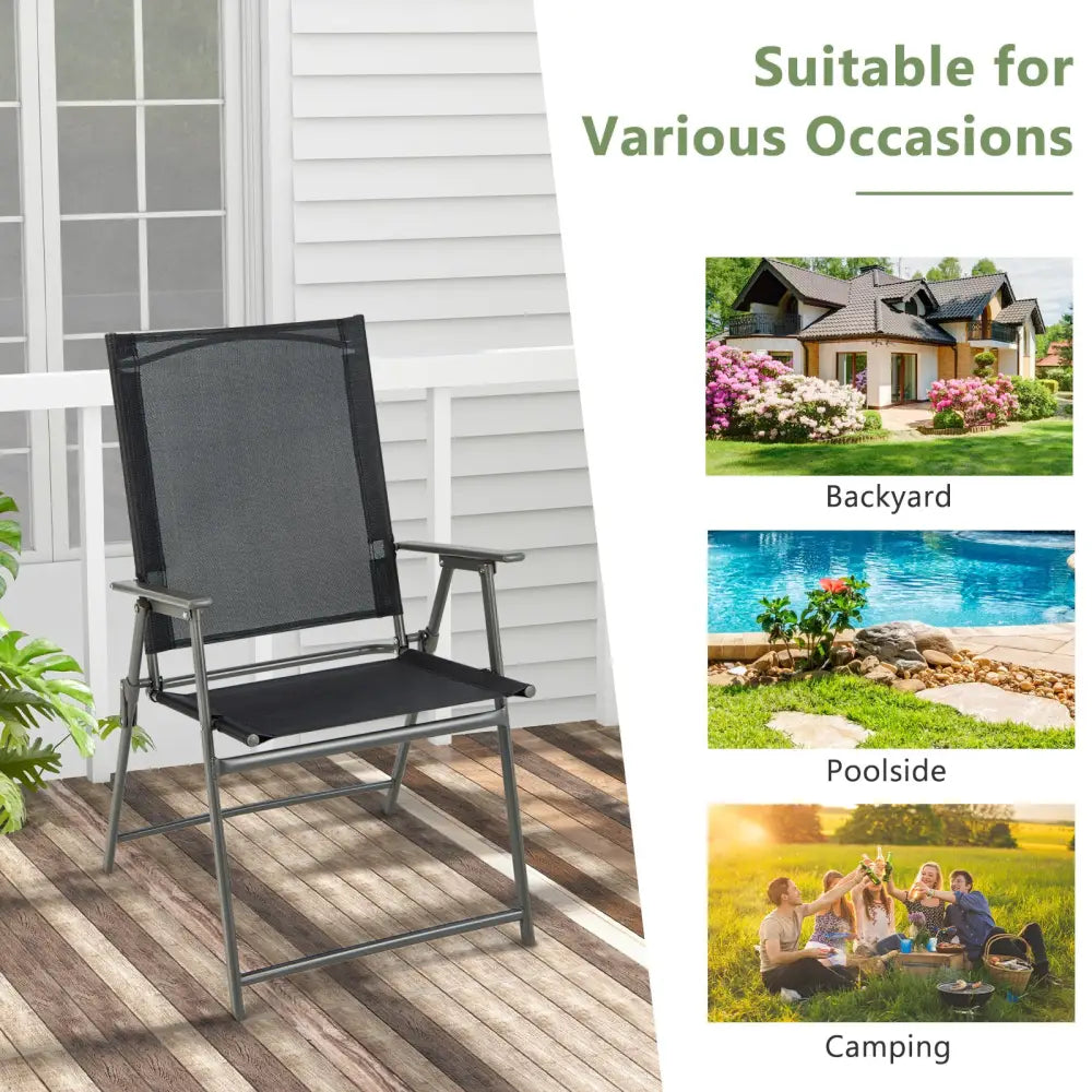 2 Pieces Patio Folding Chairs with Armrests for Deck Garden Yard-Black & Gray - Black & Gray - Patio Dining Chairs