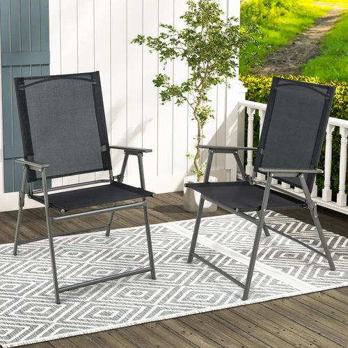 2 Pieces Patio Folding Chairs with Armrests for Deck Garden Yard-Black & Gray - Black & Gray - Patio Dining Chairs