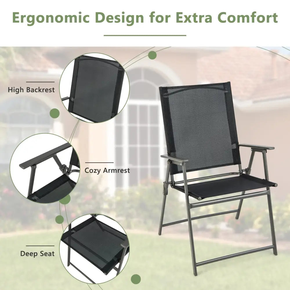 2 Pieces Patio Folding Chairs with Armrests for Deck Garden Yard-Black & Gray - Black & Gray - Patio Dining Chairs