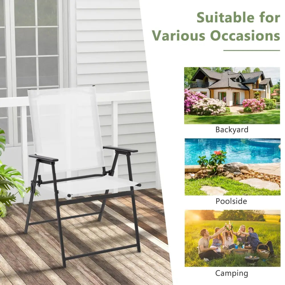 2 Pieces Patio Folding Chairs with Armrests for Deck Garden Yard-White - White - Patio Dining Chairs