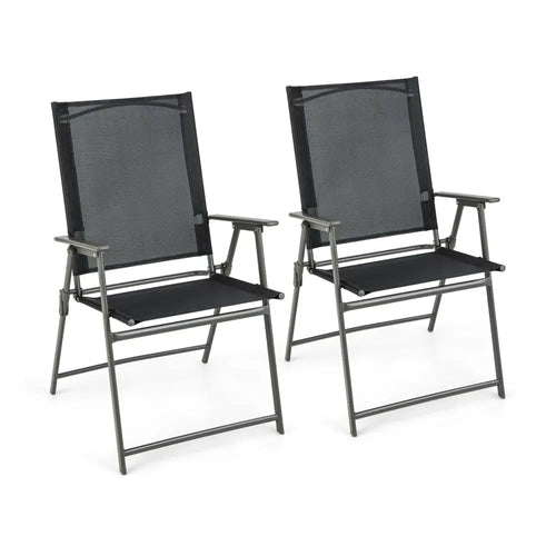 2 Pieces Patio Folding Chairs with Armrests for Deck Garden Yard-Black & Gray - Black & Gray - Patio Dining Chairs