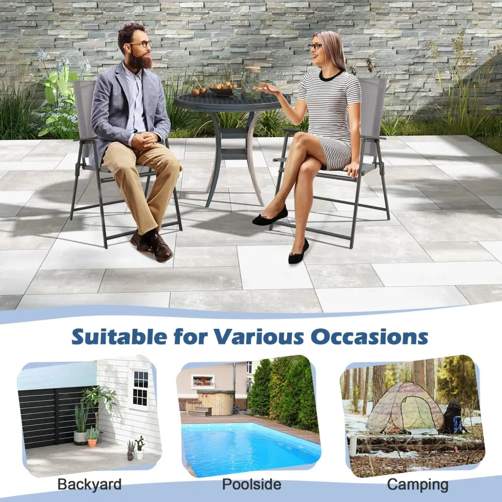 2 Pieces Patio Folding Chairs with Armrests for Deck Garden Yard-Gray - Gray - Patio Dining Chairs