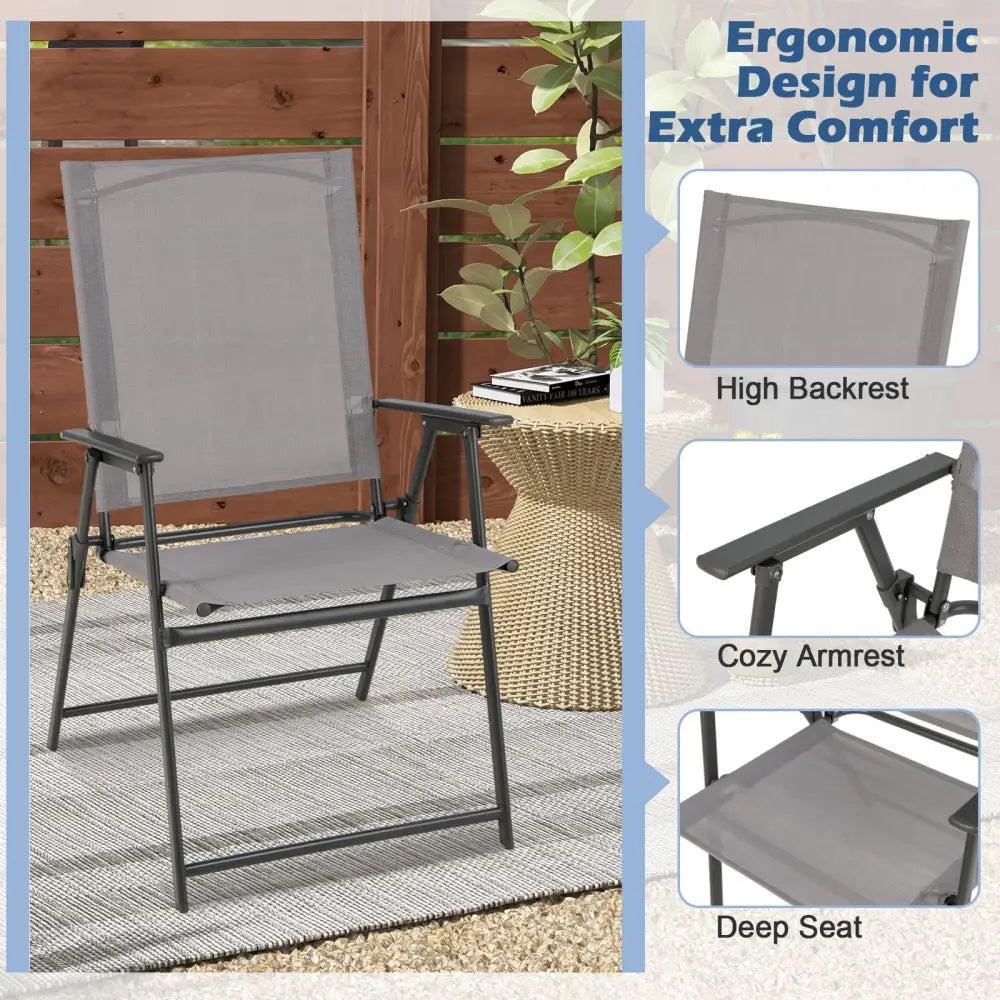 2 Pieces Patio Folding Chairs with Armrests for Deck Garden Yard-Gray - Gray - Patio Dining Chairs