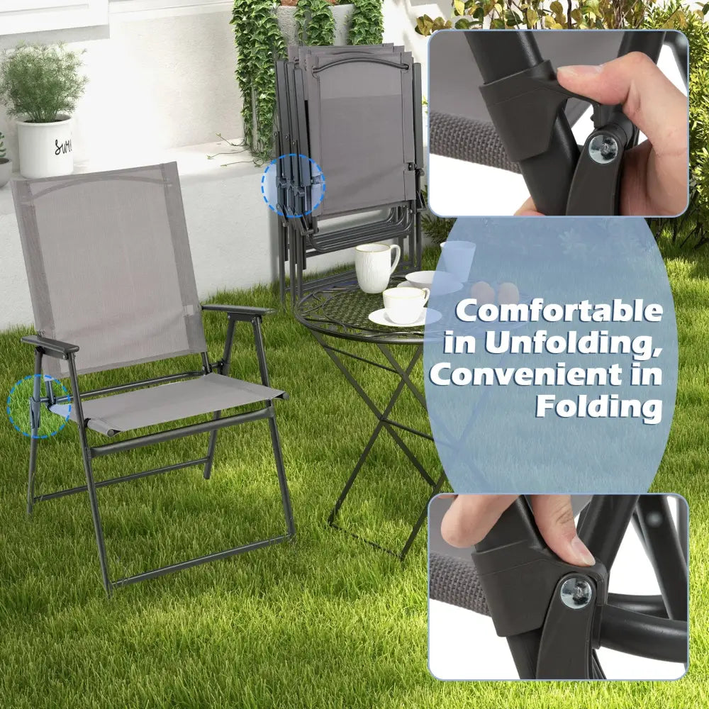 2 Pieces Patio Folding Chairs with Armrests for Deck Garden Yard-Gray - Gray - Patio Dining Chairs