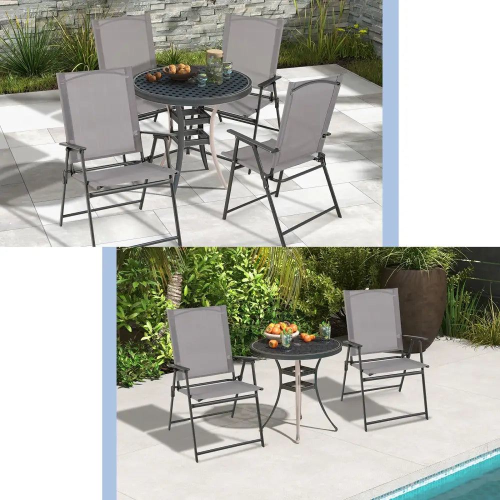 2 Pieces Patio Folding Chairs with Armrests for Deck Garden Yard-Gray - Gray - Patio Dining Chairs