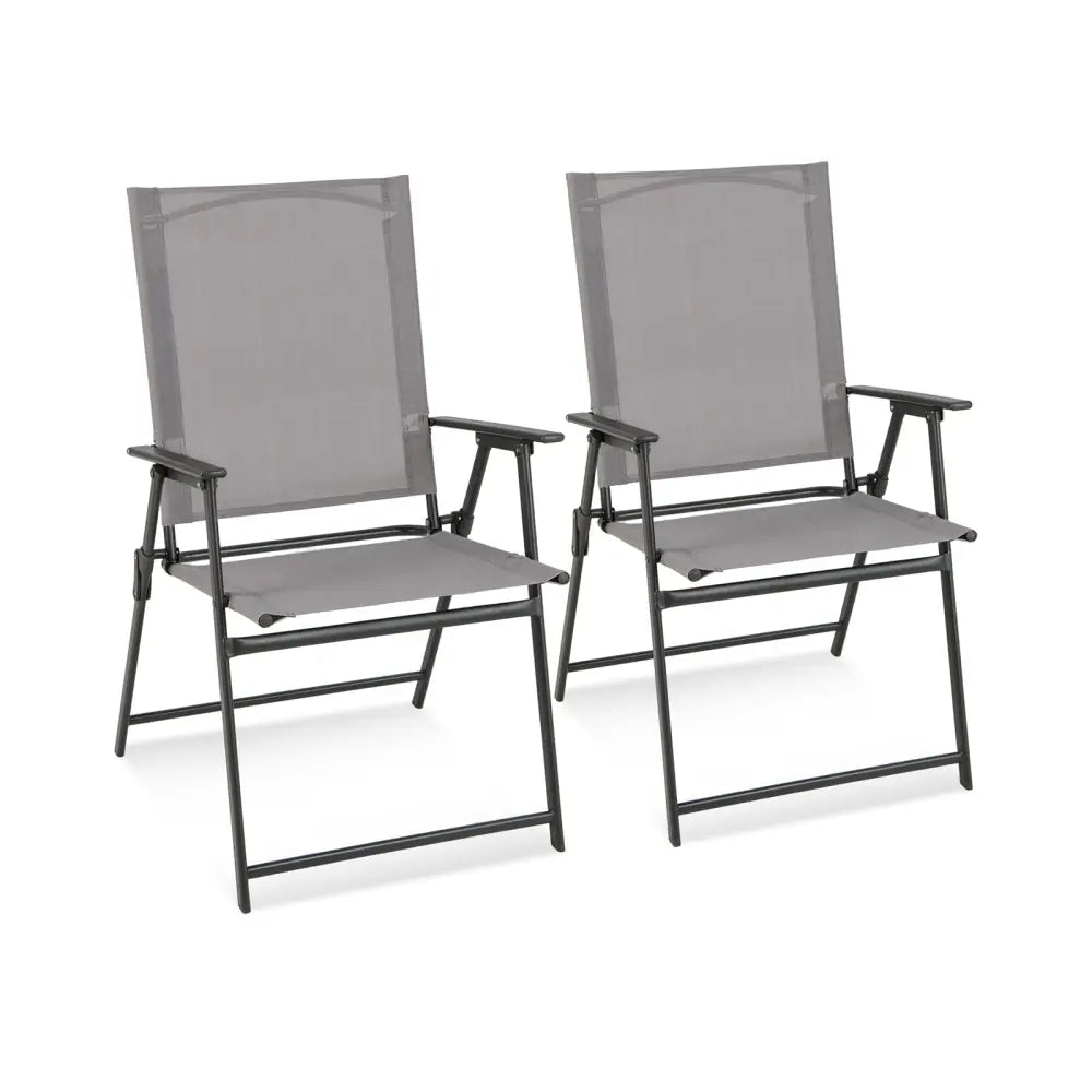 2 Pieces Patio Folding Chairs with Armrests for Deck Garden Yard-Gray - Gray - Patio Dining Chairs