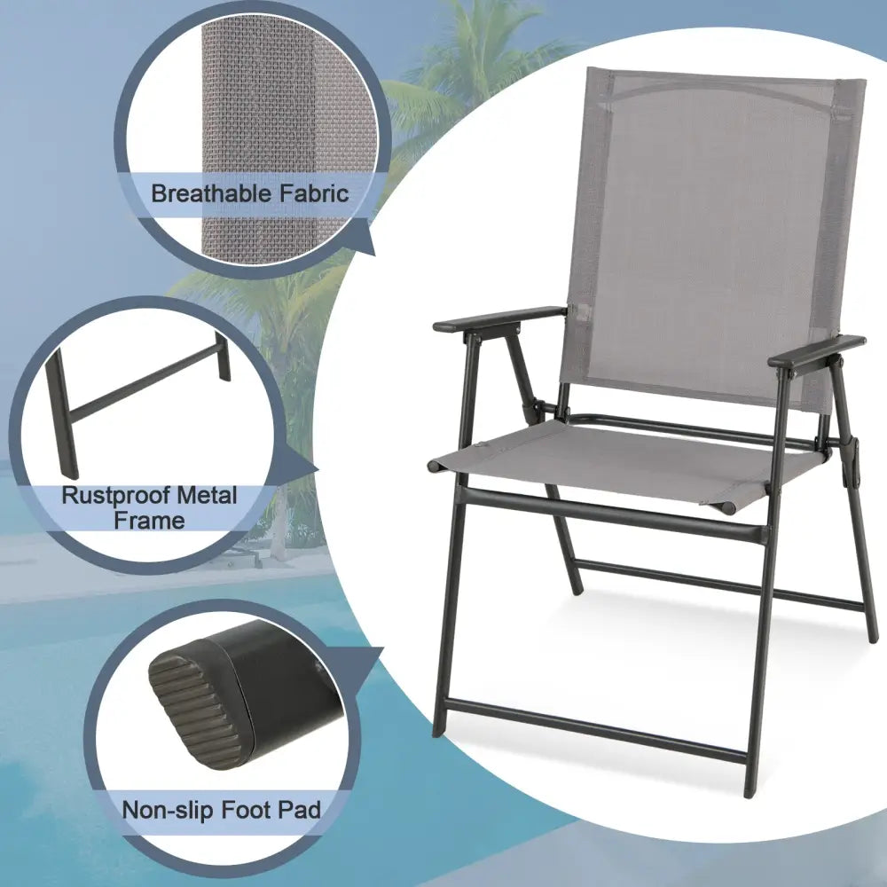2 Pieces Patio Folding Chairs with Armrests for Deck Garden Yard-Gray - Gray - Patio Dining Chairs