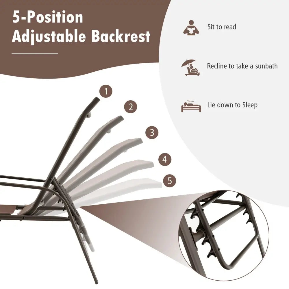 2 Pieces Patio Folding Chaise Lounge Chair Set with Adjustable Back-Brown - Brown - Outdoor Chaise Lounges