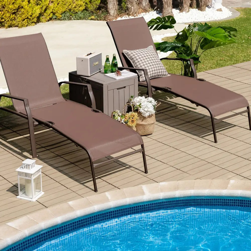 2 Pieces Patio Folding Chaise Lounge Chair Set with Adjustable Back-Brown - Brown - Outdoor Chaise Lounges