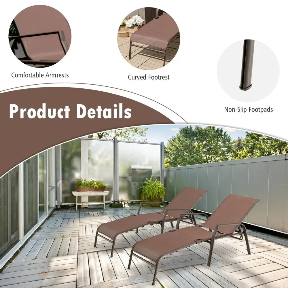 2 Pieces Patio Folding Chaise Lounge Chair Set with Adjustable Back-Brown - Brown - Outdoor Chaise Lounges
