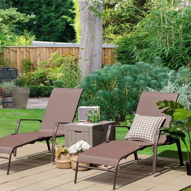 2 Pieces Patio Folding Chaise Lounge Chair Set with Adjustable Back-Brown - Brown - Outdoor Chaise Lounges