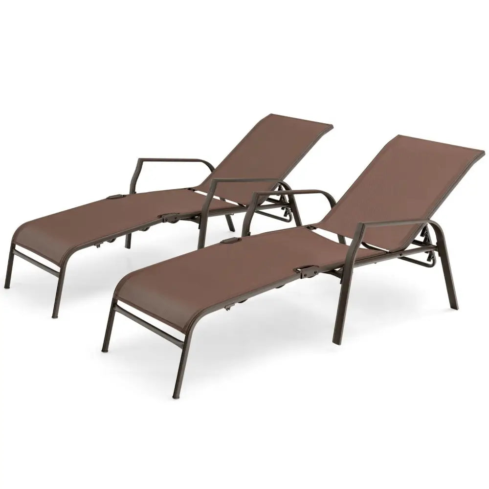 2 Pieces Patio Folding Chaise Lounge Chair Set with Adjustable Back-Brown - Brown - Outdoor Chaise Lounges
