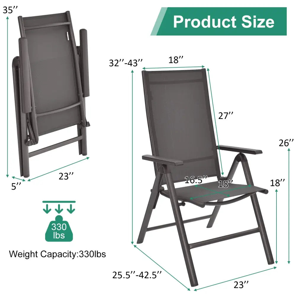 2 Pieces Patio Folding Dining Chairs Aluminium Adjustable Back-Gray - Gray - Patio Dining Chairs