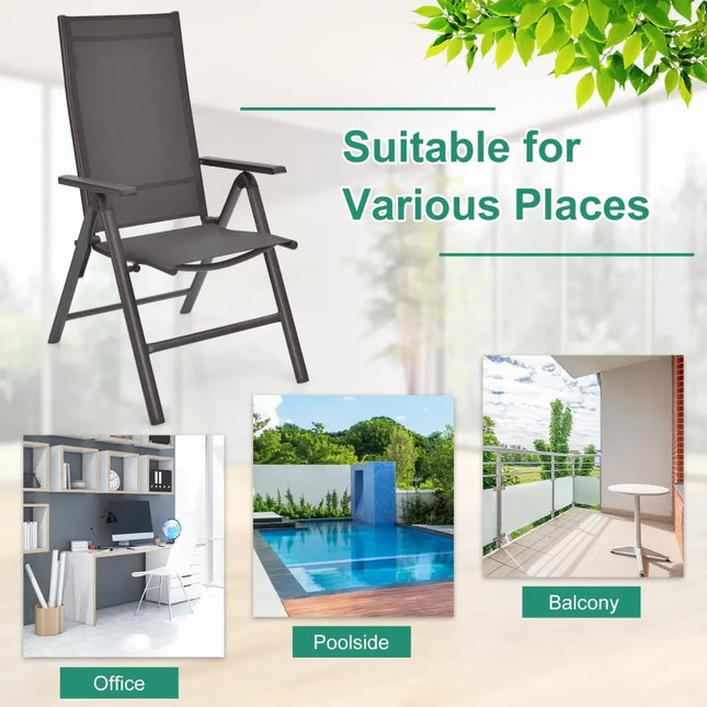 2 Pieces Patio Folding Dining Chairs Aluminium Adjustable Back-Gray - Gray - Patio Dining Chairs