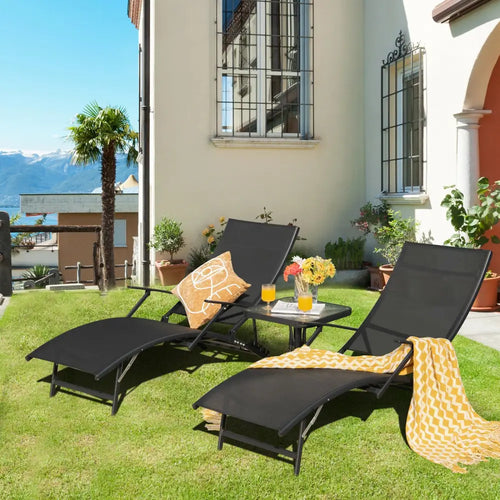2 Pieces Patio Folding Stackable Lounge Chair Chaise with Armrest-Black - Black - Outdoor Chaise Lounges