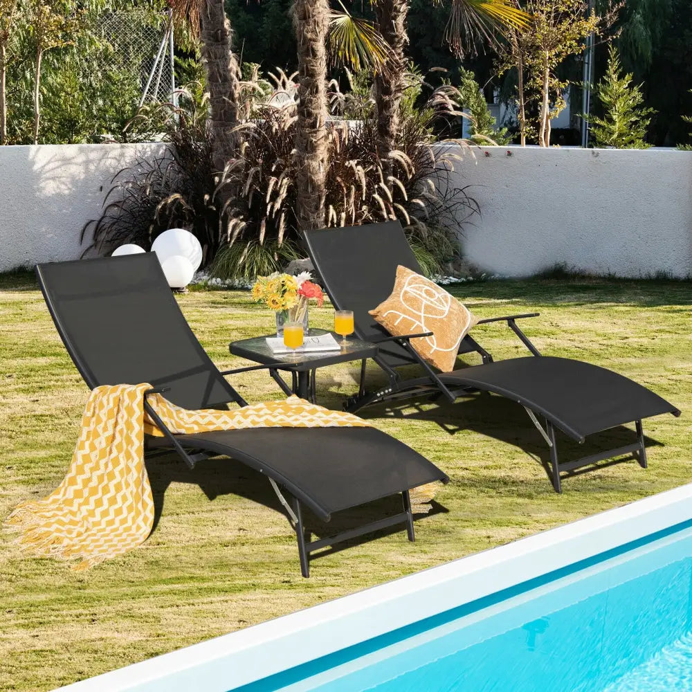 2 Pieces Patio Folding Stackable Lounge Chair Chaise with Armrest-Black - Black - Outdoor Chaise Lounges