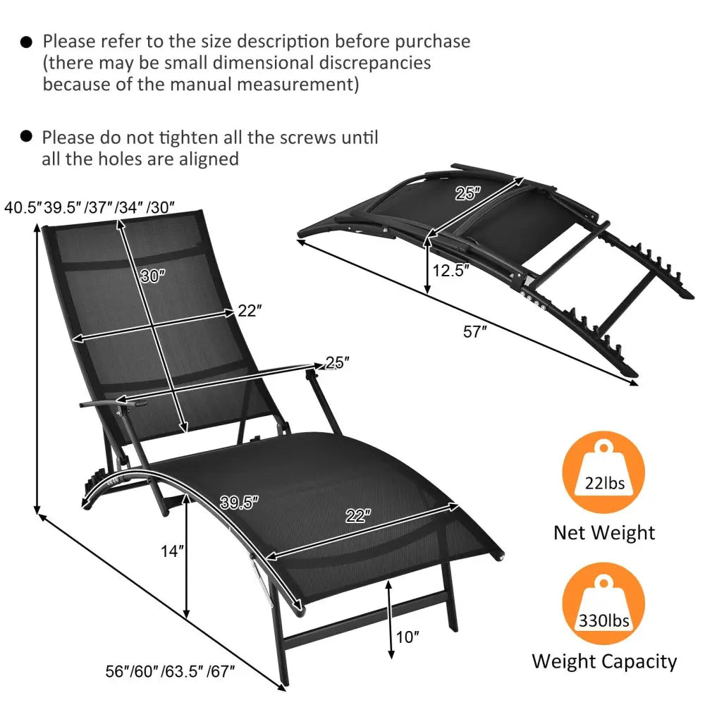 2 Pieces Patio Folding Stackable Lounge Chair Chaise with Armrest-Black - Black - Outdoor Chaise Lounges