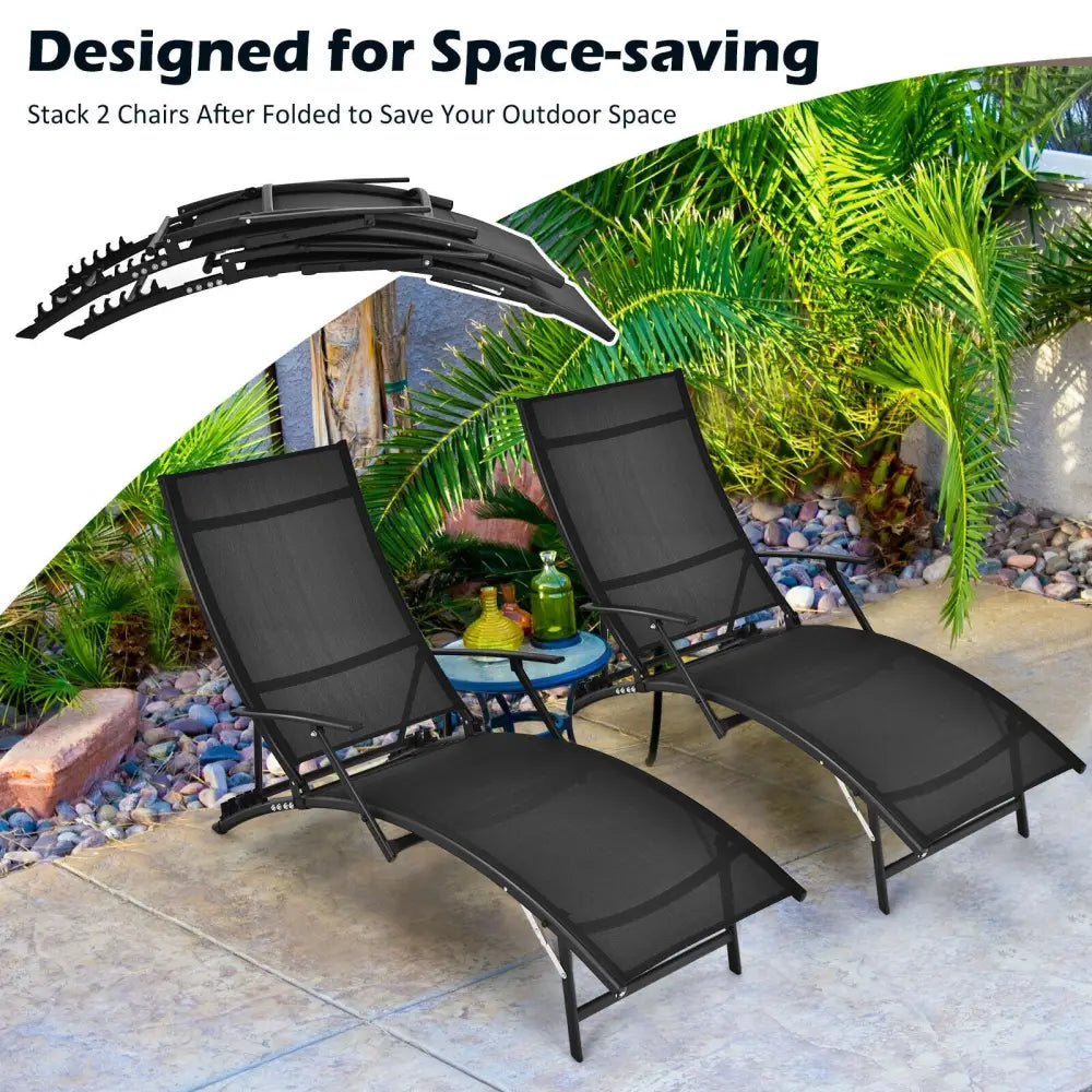 2 Pieces Patio Folding Stackable Lounge Chair Chaise with Armrest-Black - Black - Outdoor Chaise Lounges