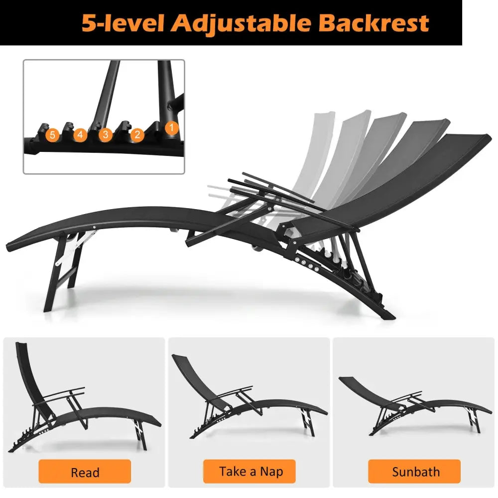 2 Pieces Patio Folding Stackable Lounge Chair Chaise with Armrest-Black - Black - Outdoor Chaise Lounges