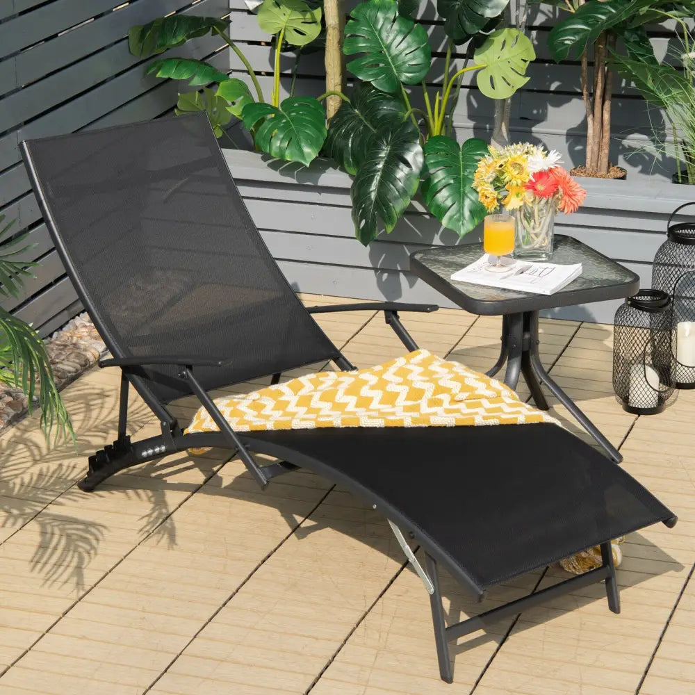 2 Pieces Patio Folding Stackable Lounge Chair Chaise with Armrest-Black - Black - Outdoor Chaise Lounges