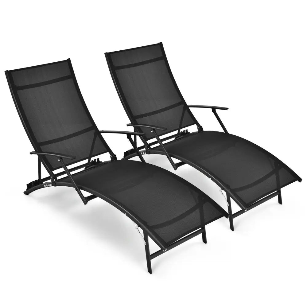2 Pieces Patio Folding Stackable Lounge Chair Chaise with Armrest-Black - Black - Outdoor Chaise Lounges