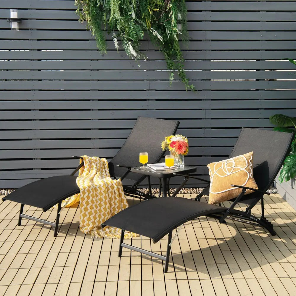 2 Pieces Patio Folding Stackable Lounge Chair Chaise with Armrest-Black - Black - Outdoor Chaise Lounges