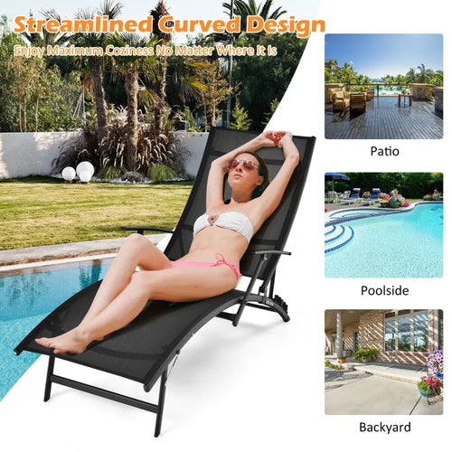 2 Pieces Patio Folding Stackable Lounge Chair Chaise with Armrest-Black - Black - Outdoor Chaise Lounges