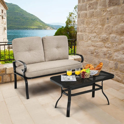 2 Pieces Patio Loveseat Bench Table Furniture Set with Cushioned Chair-Beige - Beige - Patio Conversation Sets