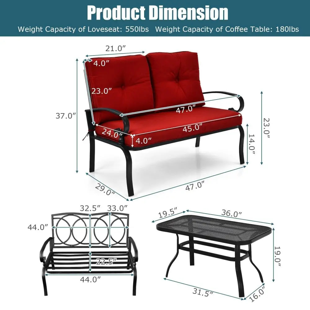 2 Pieces Patio Loveseat Bench Table Furniture Set with Cushioned Chair-Red - Red - Patio Conversation Sets
