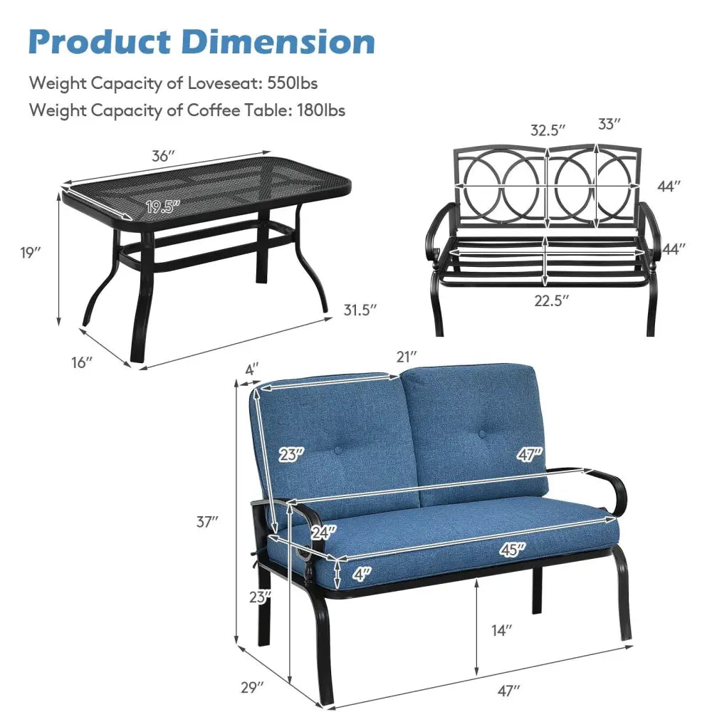 2 Pieces Patio Loveseat Bench Table Furniture Set with Cushioned Chair-Blue - Blue - Patio Conversation Sets