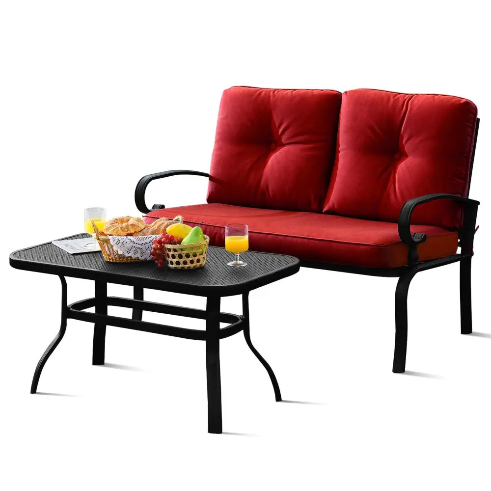 2 Pieces Patio Loveseat Bench Table Furniture Set with Cushioned Chair-Red - Red - Patio Conversation Sets