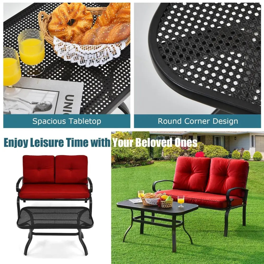2 Pieces Patio Loveseat Bench Table Furniture Set with Cushioned Chair-Red - Red - Patio Conversation Sets
