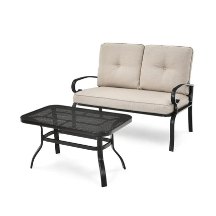2 Pieces Patio Loveseat Bench Table Furniture Set with Cushioned Chair-Beige - Beige - Patio Conversation Sets