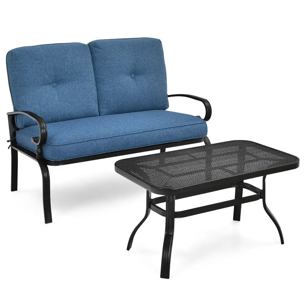 2 Pieces Patio Loveseat Bench Table Furniture Set with Cushioned Chair-Blue - Blue - Patio Conversation Sets