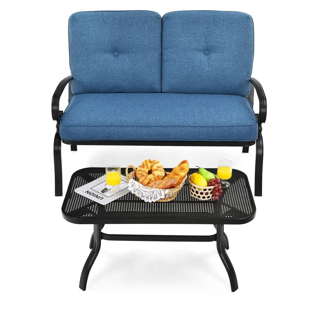 2 Pieces Patio Loveseat Bench Table Furniture Set with Cushioned Chair-Blue - Blue - Patio Conversation Sets