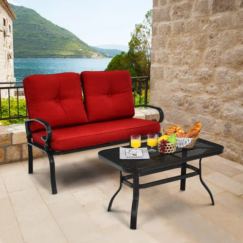 2 Pieces Patio Loveseat Bench Table Furniture Set with Cushioned Chair-Red - Red - Patio Conversation Sets