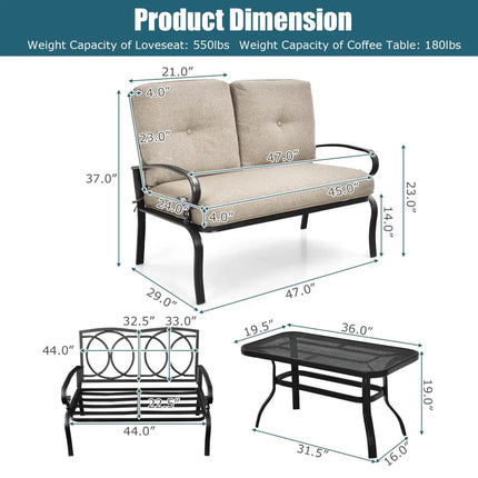 2 Pieces Patio Loveseat Bench Table Furniture Set with Cushioned Chair-Beige - Beige - Patio Conversation Sets