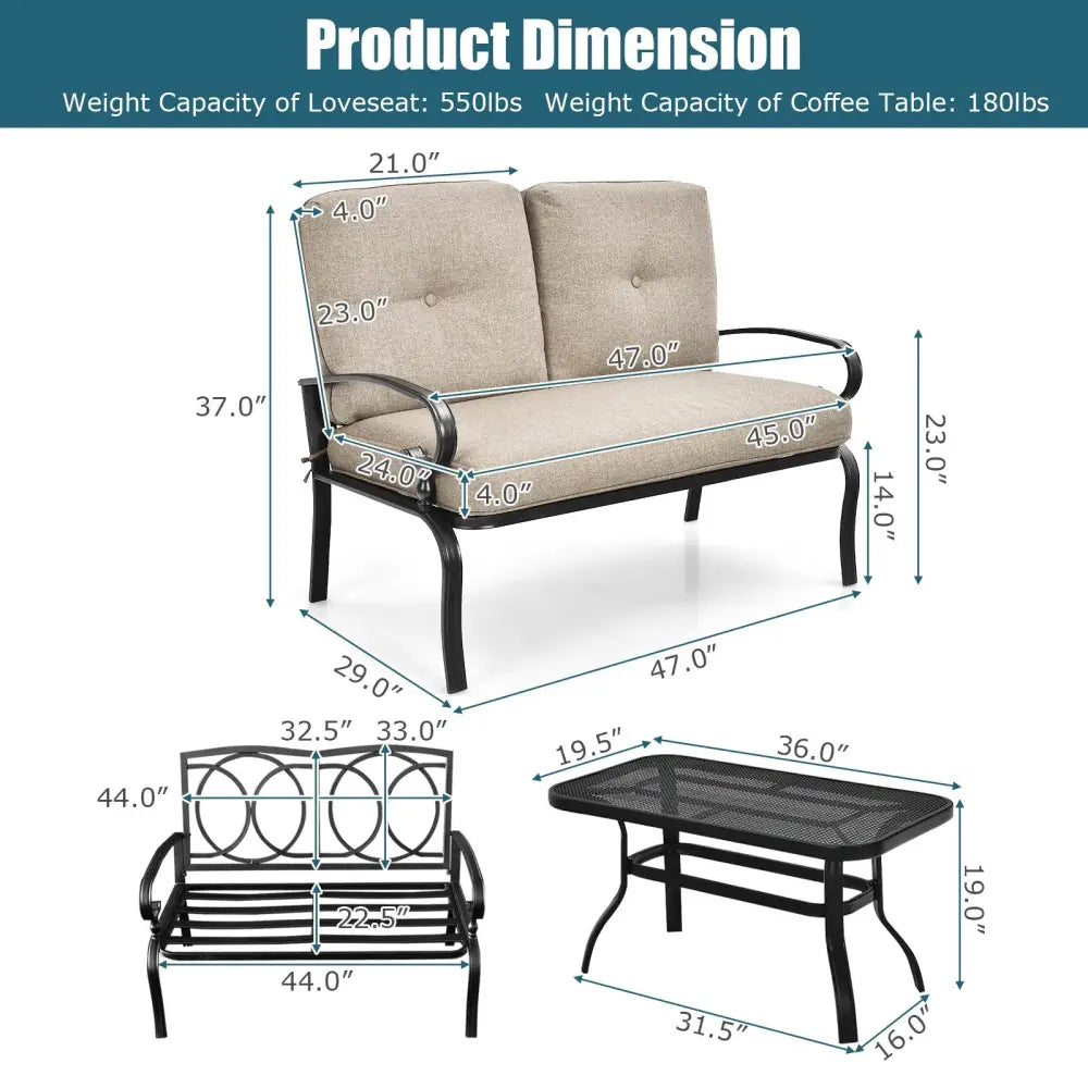 2 Pieces Patio Loveseat Bench Table Furniture Set with Cushioned Chair-Beige - Beige - Patio Conversation Sets
