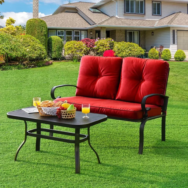 2 Pieces Patio Loveseat Bench Table Furniture Set with Cushioned Chair-Red - Red - Patio Conversation Sets