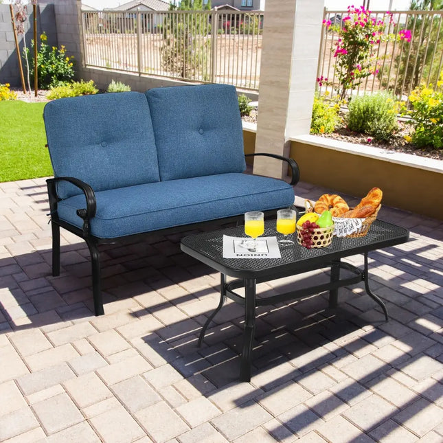 2 Pieces Patio Loveseat Bench Table Furniture Set with Cushioned Chair-Blue - Blue - Patio Conversation Sets