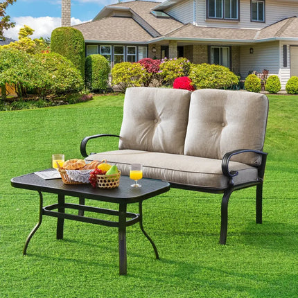 2 Pieces Patio Loveseat Bench Table Furniture Set with Cushioned Chair-Beige - Beige - Patio Conversation Sets