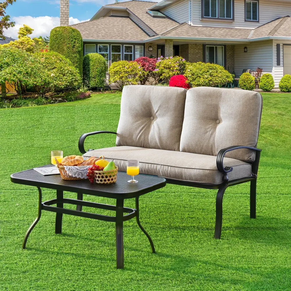 2 Pieces Patio Loveseat Bench Table Furniture Set with Cushioned Chair-Beige - Beige - Patio Conversation Sets
