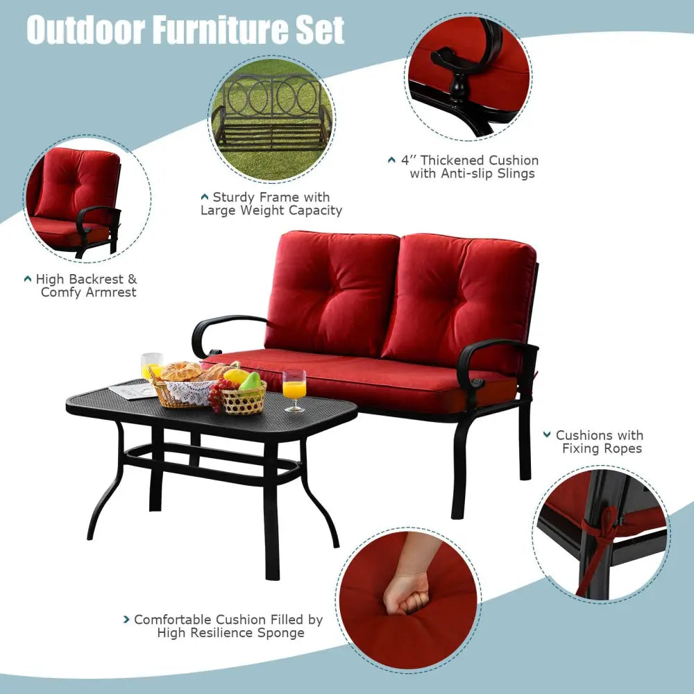 2 Pieces Patio Loveseat Bench Table Furniture Set with Cushioned Chair-Red - Red - Patio Conversation Sets