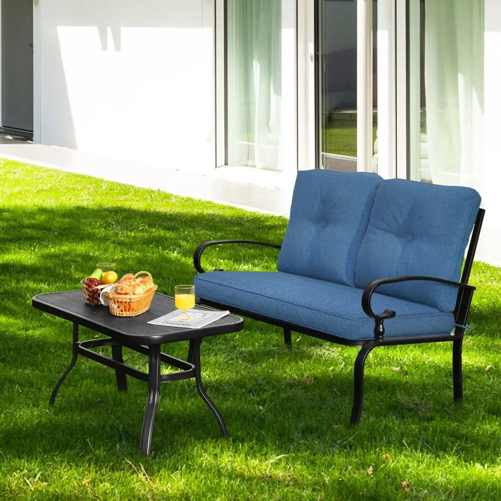 2 Pieces Patio Loveseat Bench Table Furniture Set with Cushioned Chair-Blue - Blue - Patio Conversation Sets